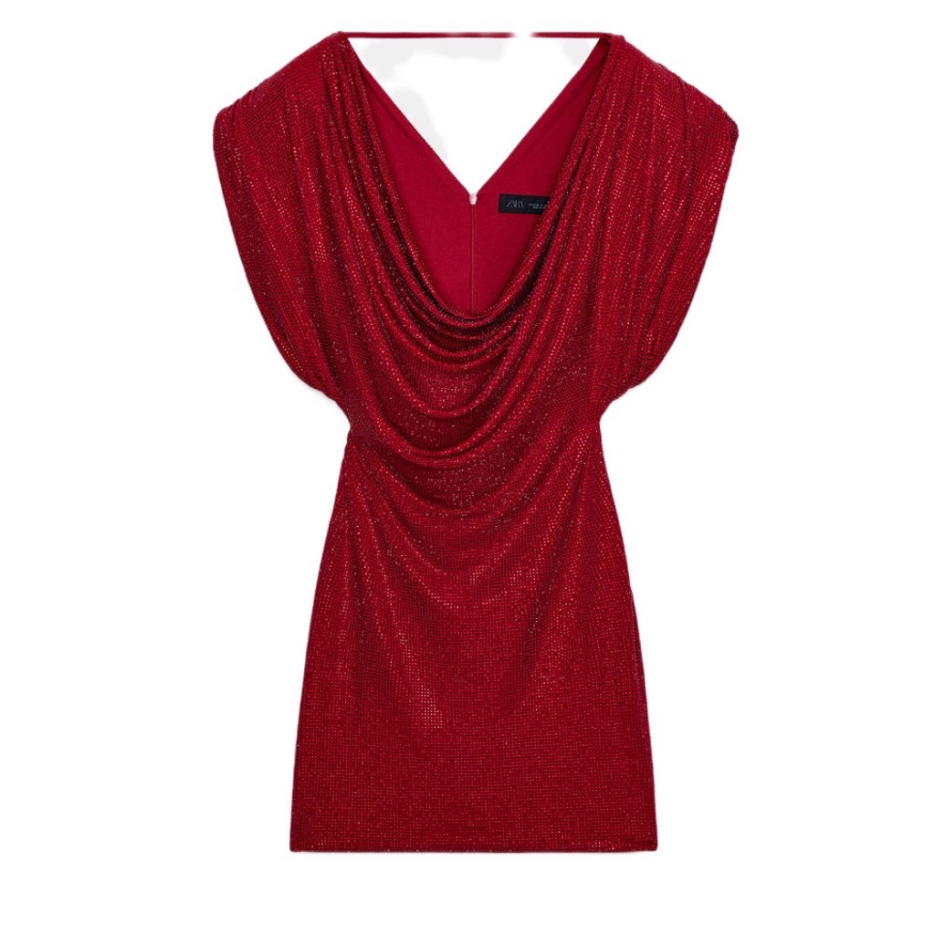 Nwt Zara Elegant Red Glitter Draped Dress
